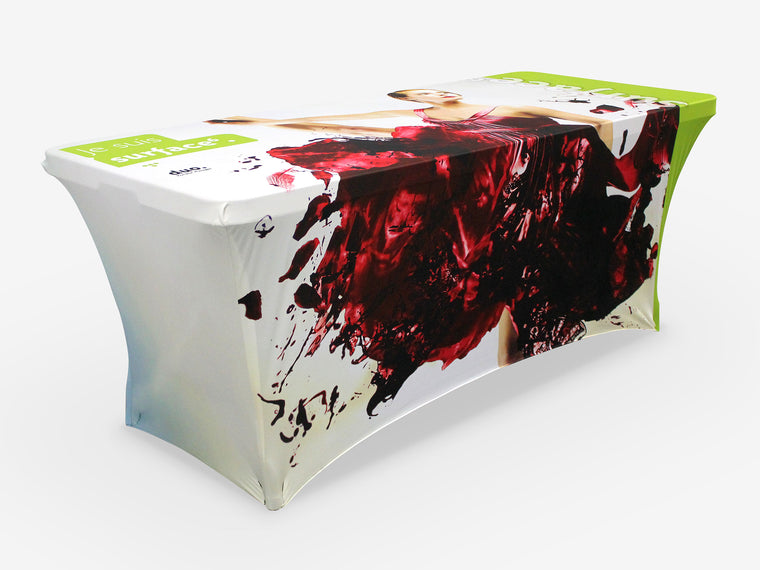 Surface Tension Fabric Table Cover with Full Coverage Dye-Sublimation Graphics
